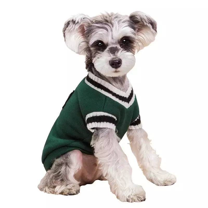 Green Preppy Style V-Neck Dog Sweater Warm Winter Pet Cloth