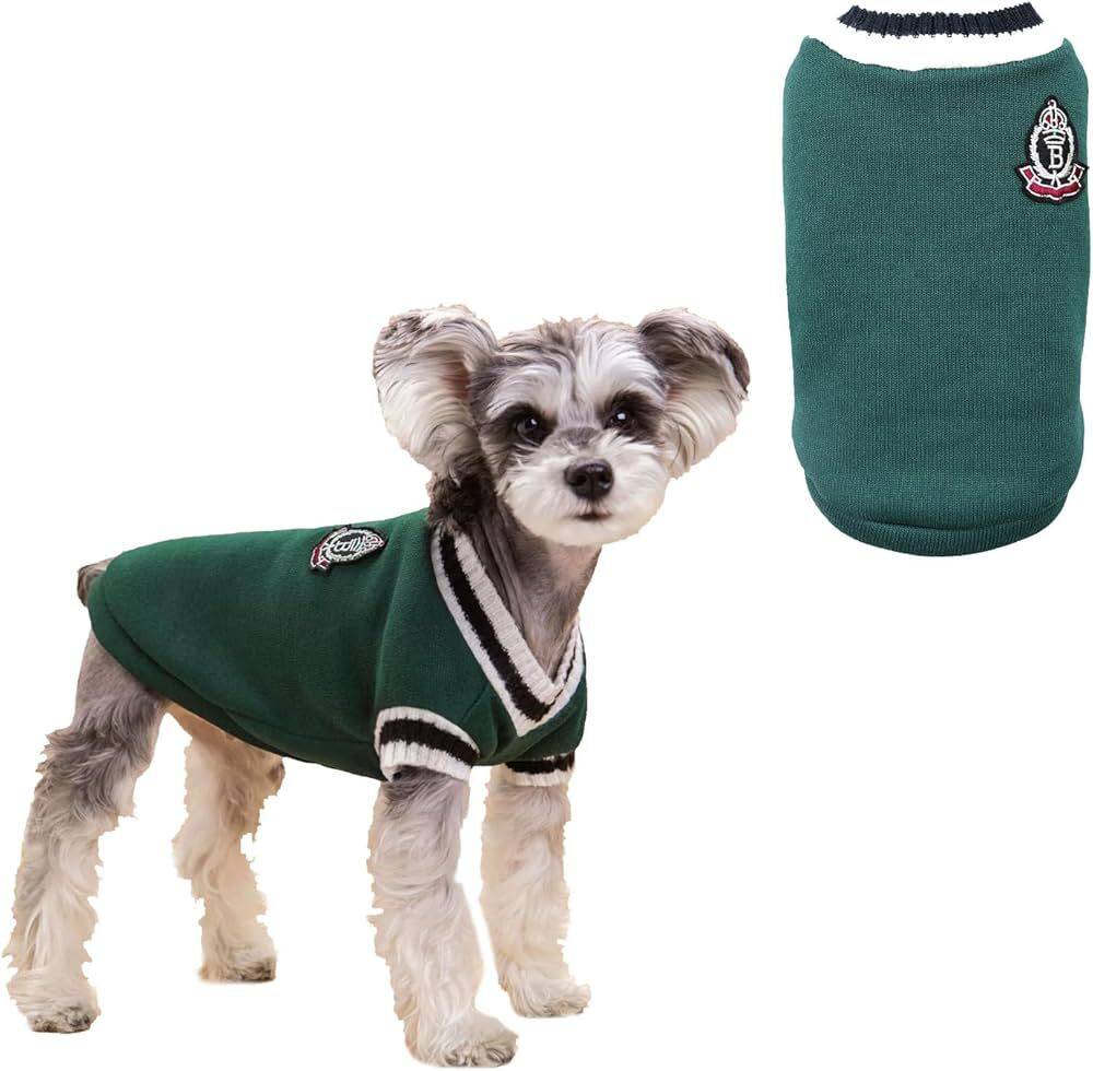 Green Preppy Style V-Neck Dog Sweater Warm Winter Pet Cloth