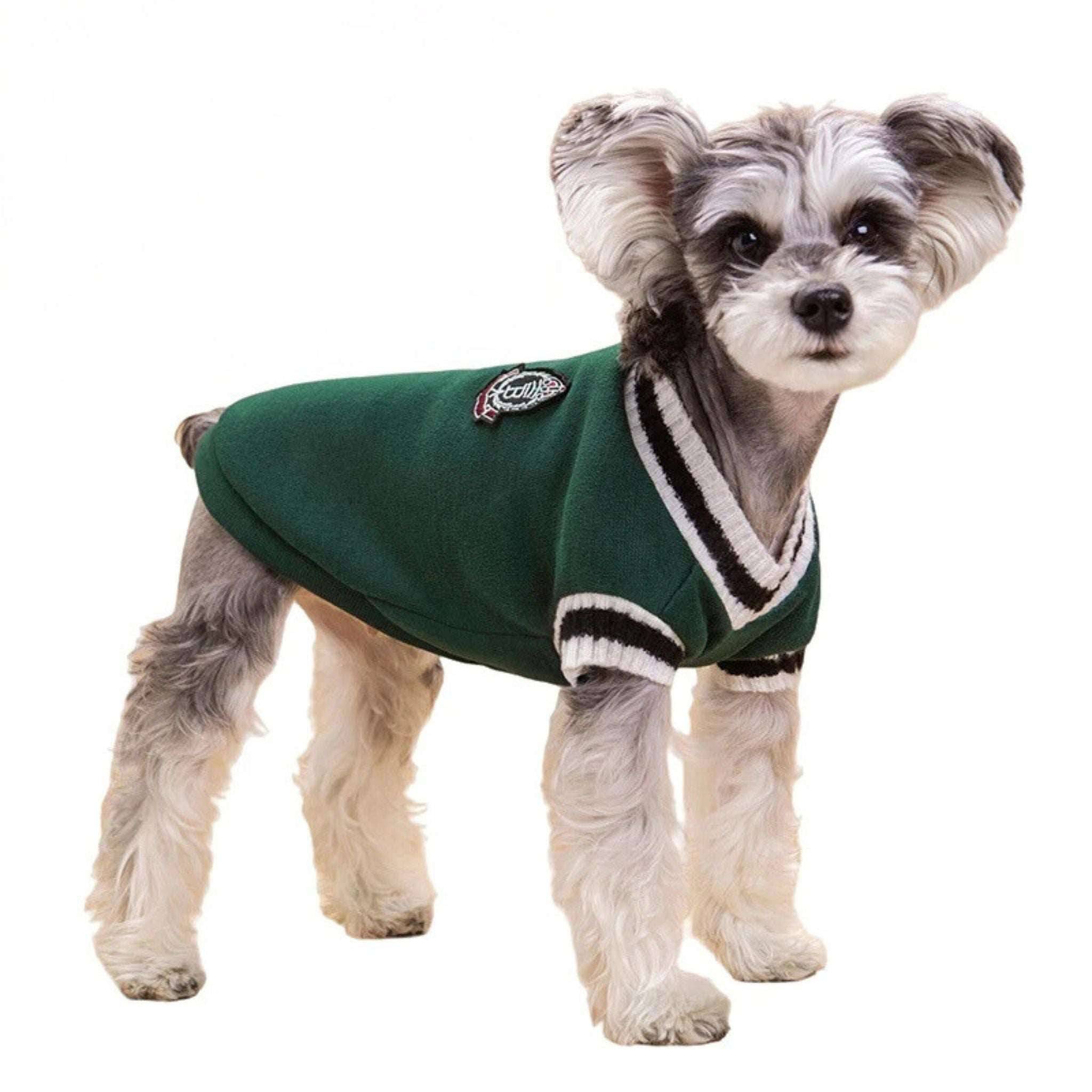 Green Preppy Style V-Neck Dog Sweater Warm Winter Pet Cloth